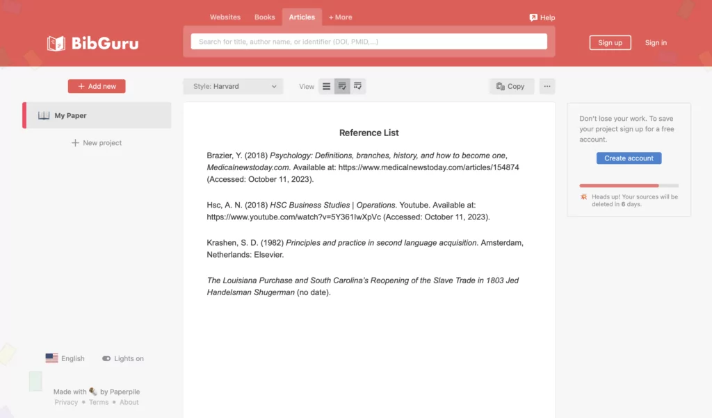 A screenshot of user's reference list at BibGuru