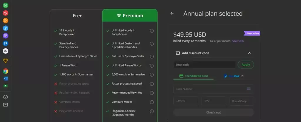 Example of the Quillbot anual plan and discount code at the order page