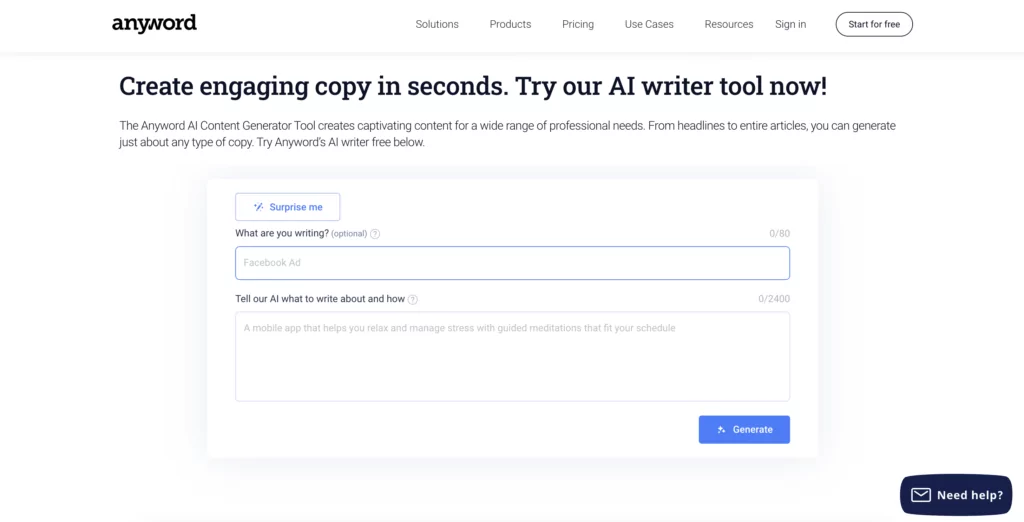 A screenshot of an essay creation process at Anyword.com