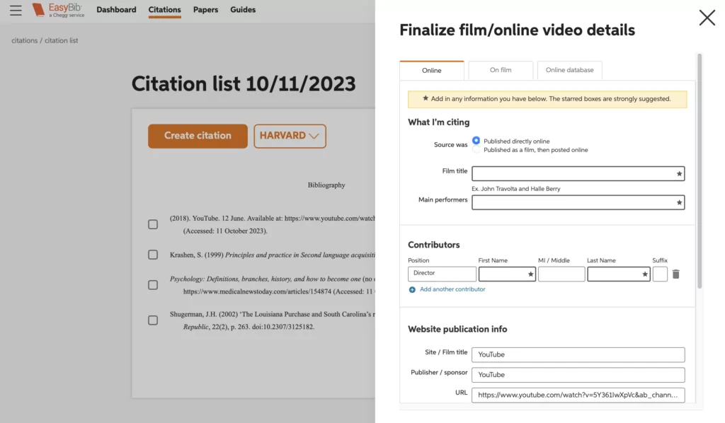 A screenshot of citation Citation editing options at EasyBib