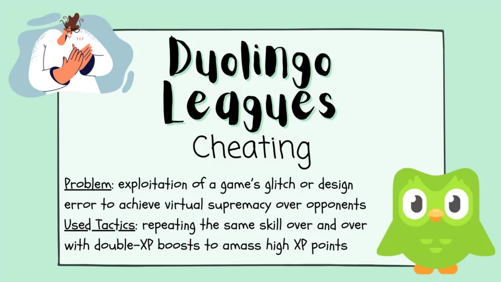 An infographic that deals with problem of duolingo leagues cheating and provides information on this matter