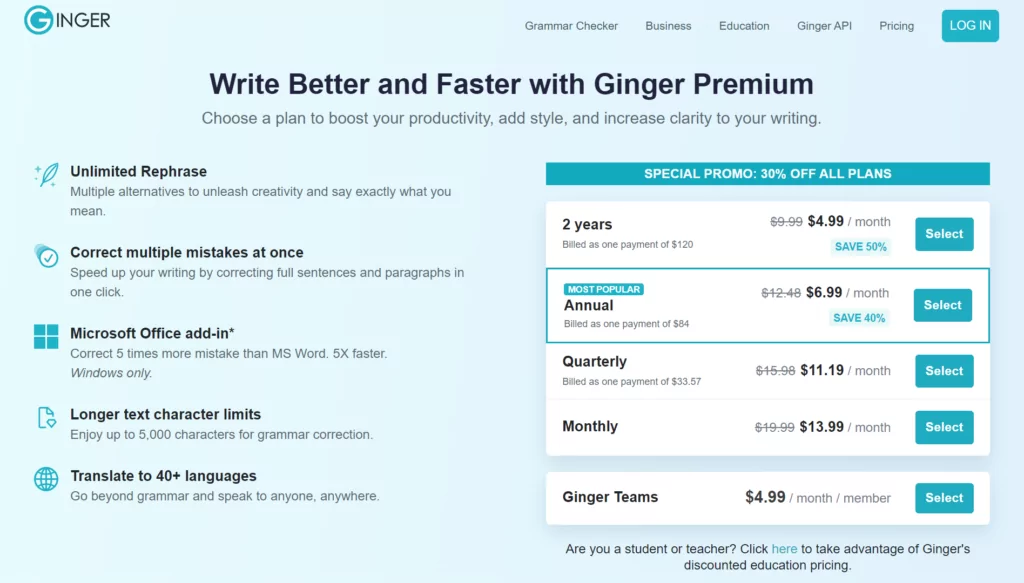 A screenshot showing pricing at Ginger Software