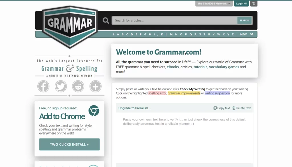 A screenshot of the Grammar.com homepage from list of spell checkers