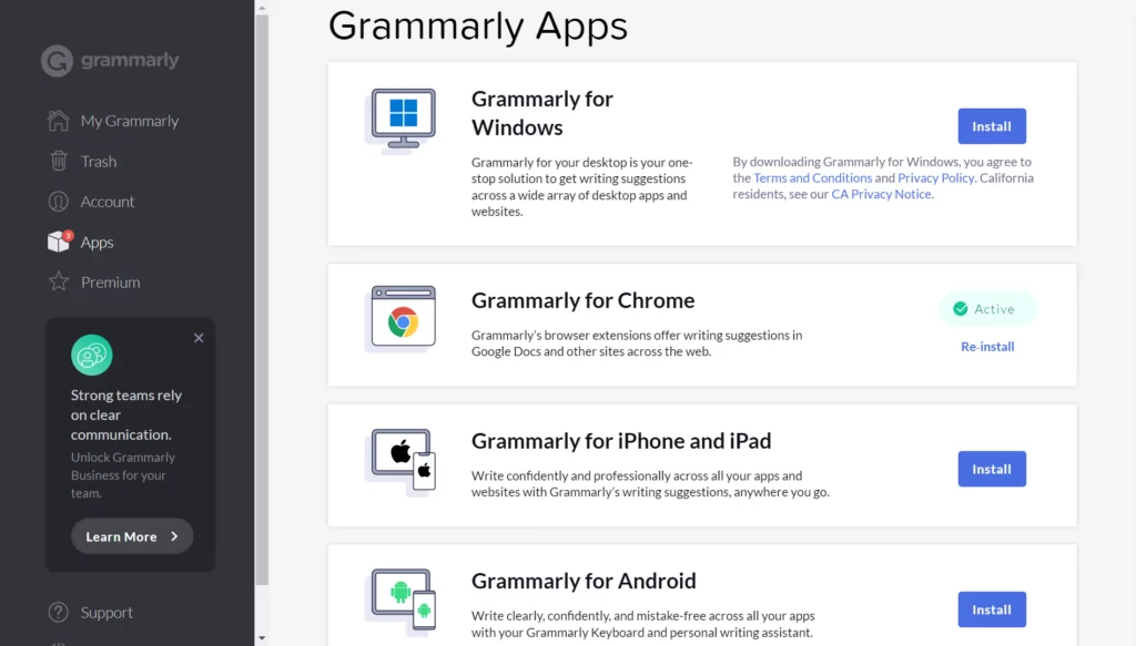 A screenshot showing apps and browser extensions at Grammarly