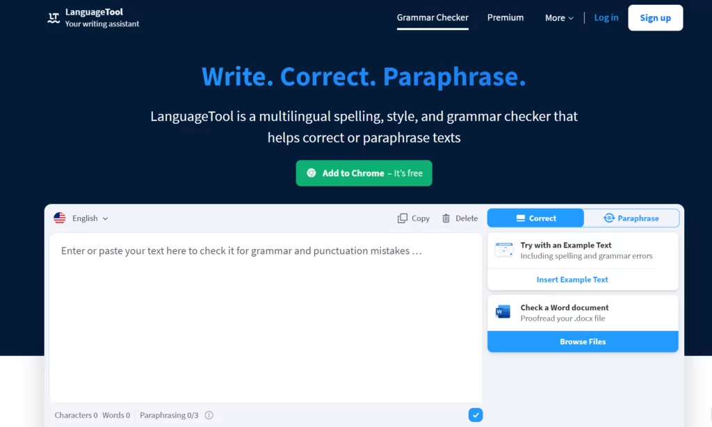 A screenshot of the LanguageTool homepage from the list of spell checkers