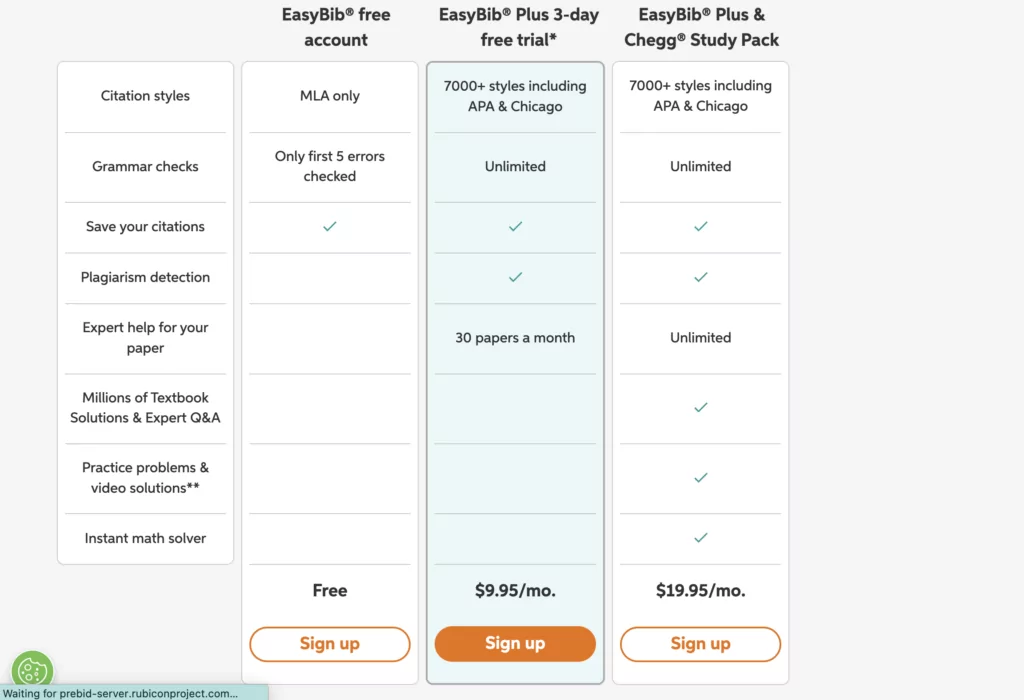 A screenshot of pricing plans at EasyBib
