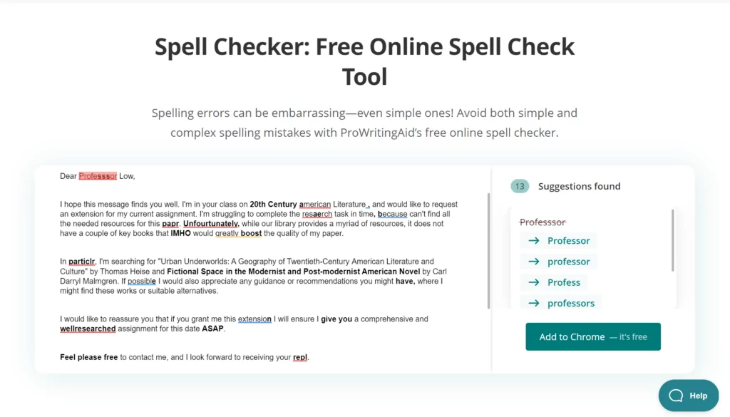 A screenshot showing spellchecking at ProwritingAid