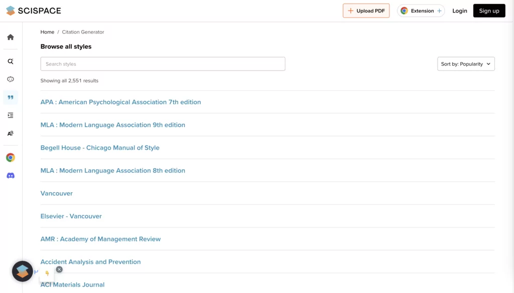 A screenshot of the TypeSet (SciSpace) homepage from the list of citation generators