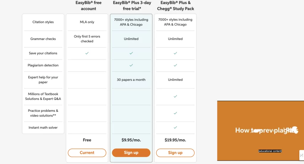 A screenshot showing pricing plans at Easybib