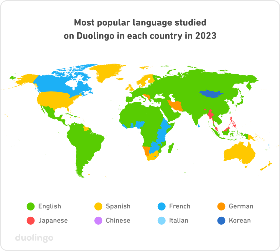 An infographics showing most popular language studied on Duplingo in each country in 2023
