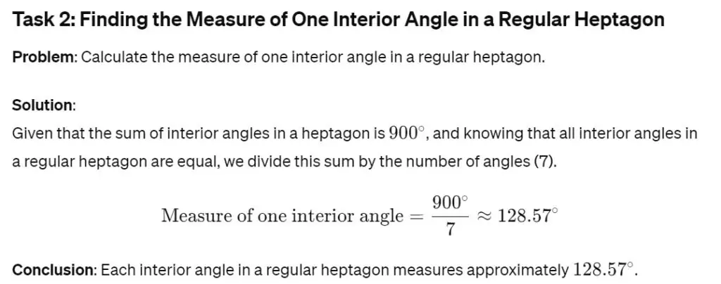 Calculate the measure of one interior angle in a regular heptagon