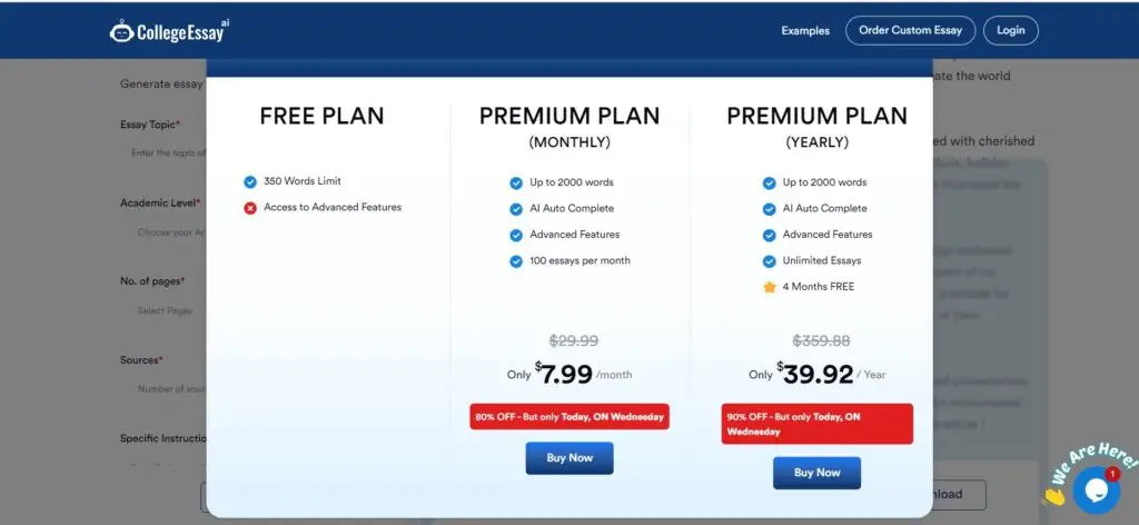 A screenshot showing available pricing plans at CollegeEssay.ai  