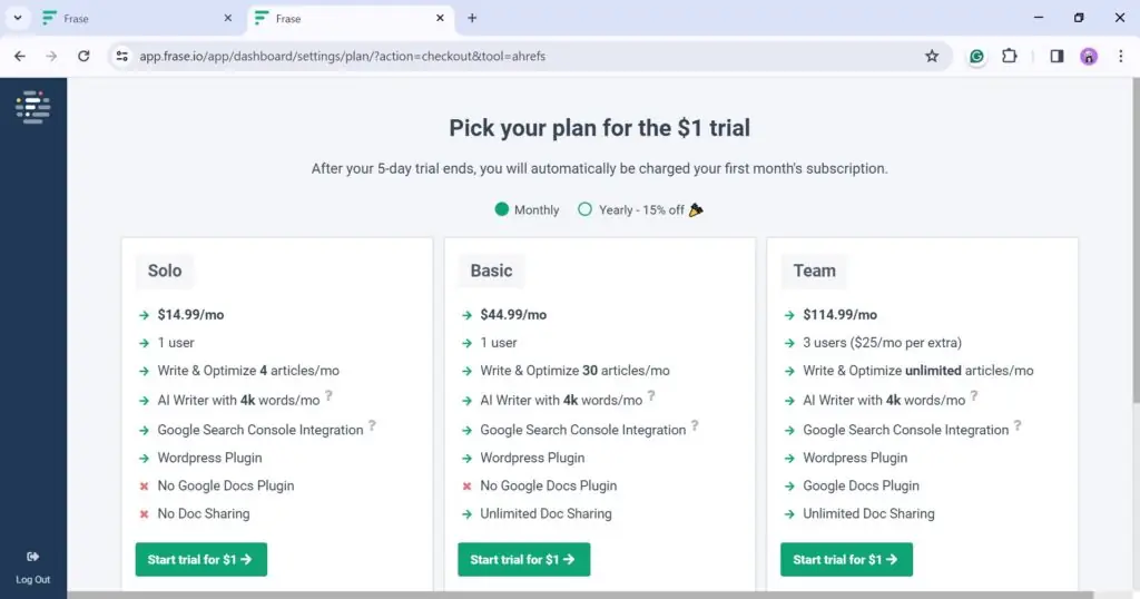 A screenshot of pricing plans at Frase IO