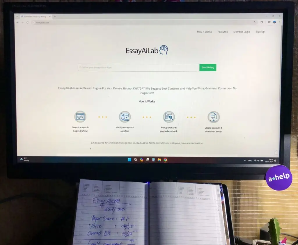 A photograph of EssayAILab's homepage