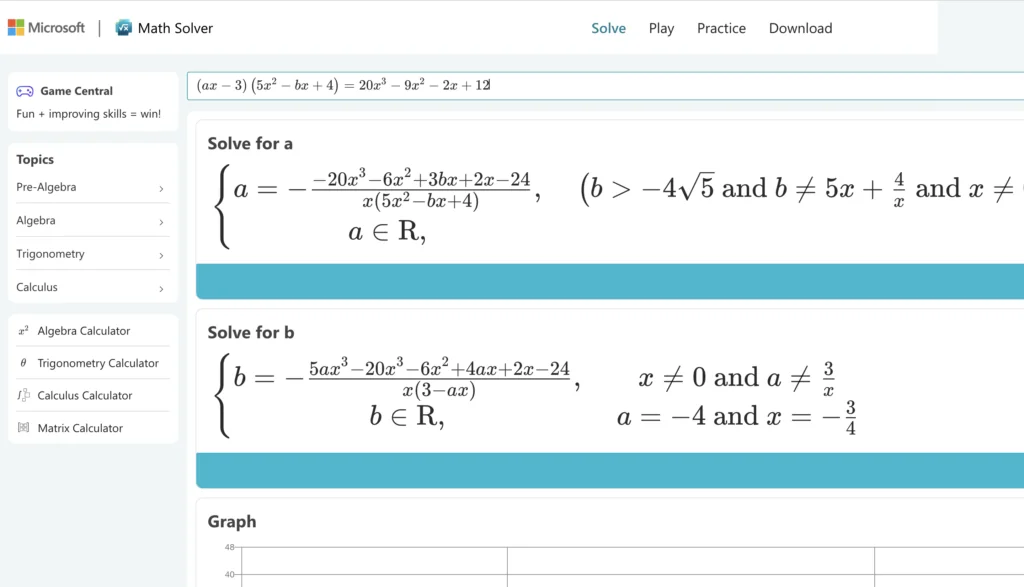 Screenshot of the equation solution Microsoft Math Solver(click to enlarge)