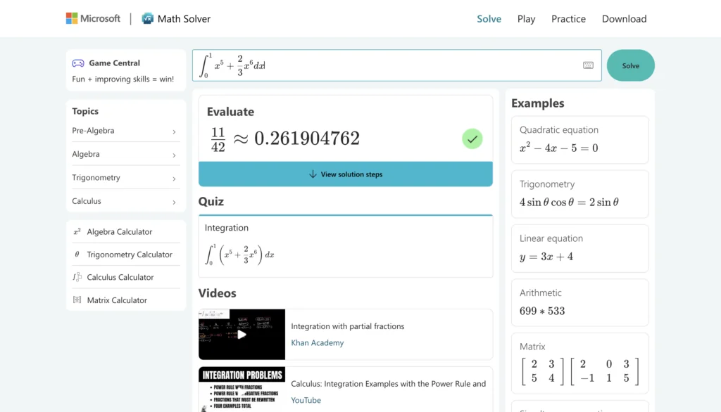 Screenshot of the integral solution Math.Microsoft.com(click to enlarge)