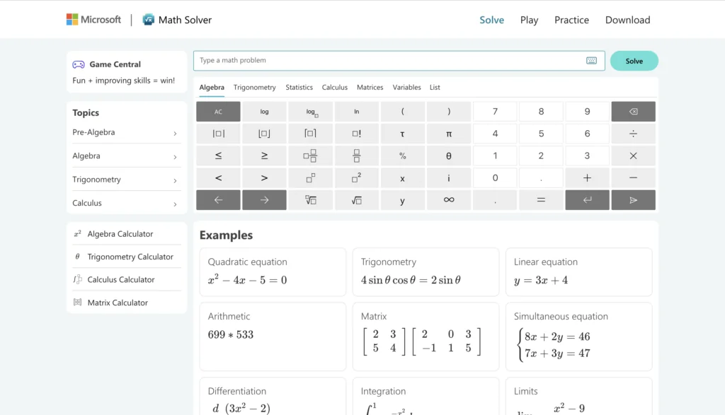 Screenshot of the dashboard at Microsoft Math Solver