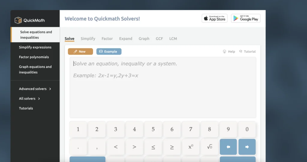 Screenshot of the dashboard at Quickmath