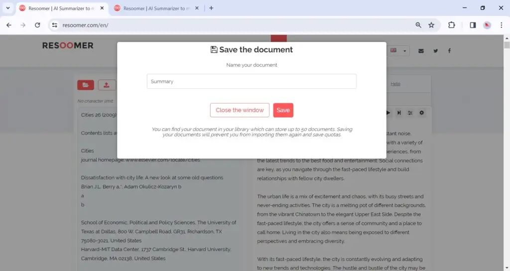 A screenshot of saving documents process at Resoomer