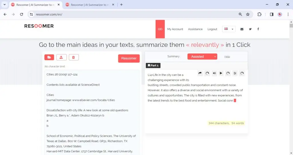 A screenshot of summary generation process at Resoomer.com