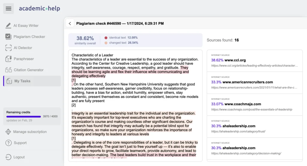A screenshot showing plagiarism detection on AI-generated content