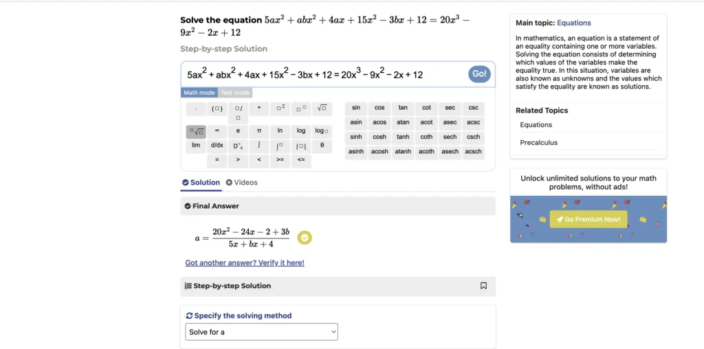 Screenshot of the equation solution at SnapXam (wrong answer)