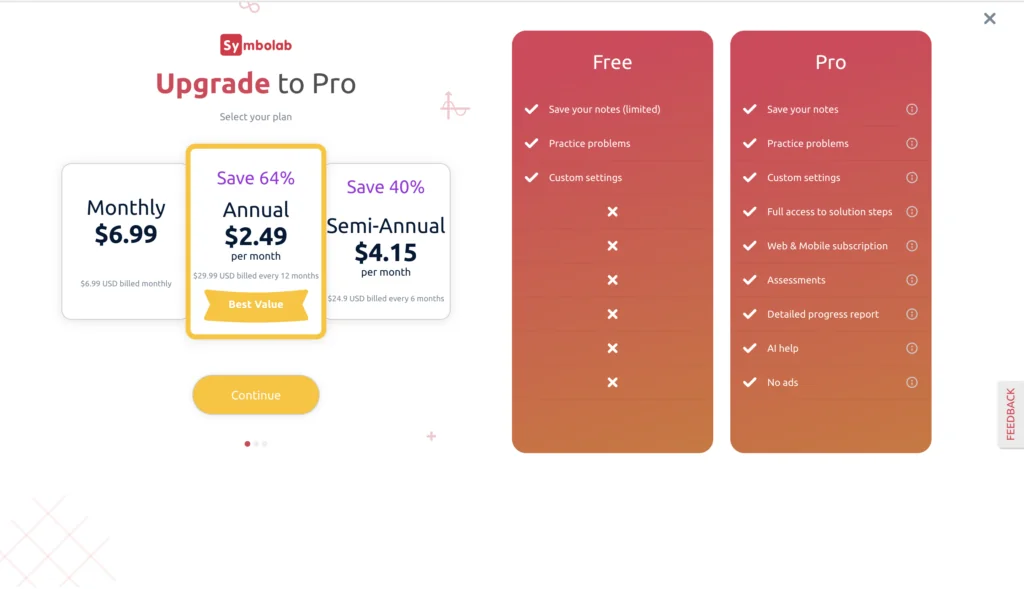 Screenshot of pricing plans at Symbolab