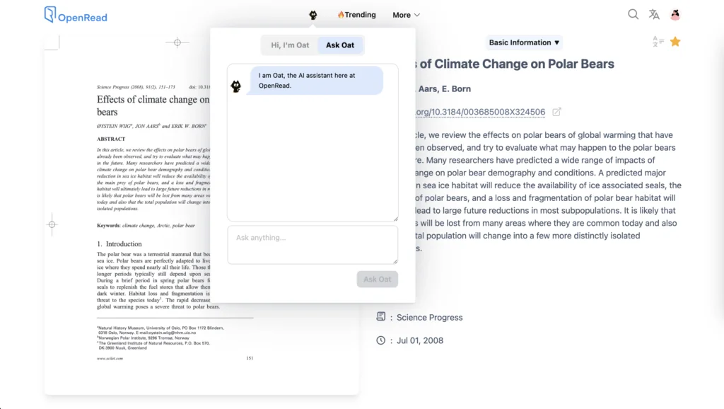 A screenshot featuring the AI assistant at Open Read