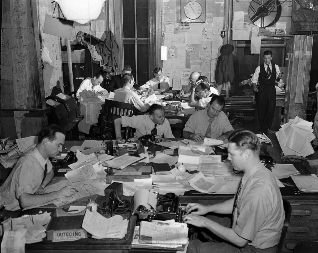 An old photograph of a newspaper office
