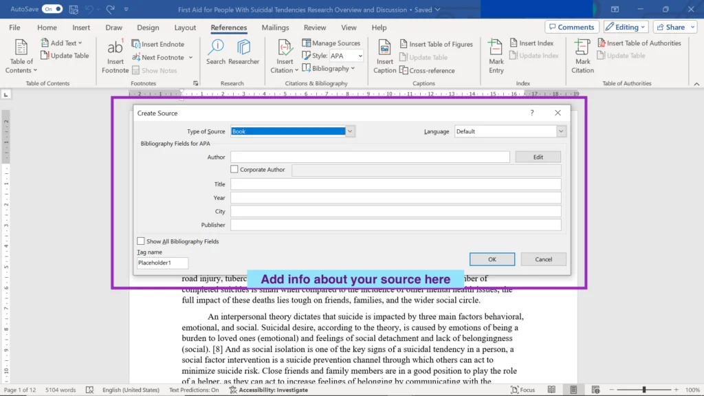 A screenshot that shows how to create source from scratch in Microsoft Word