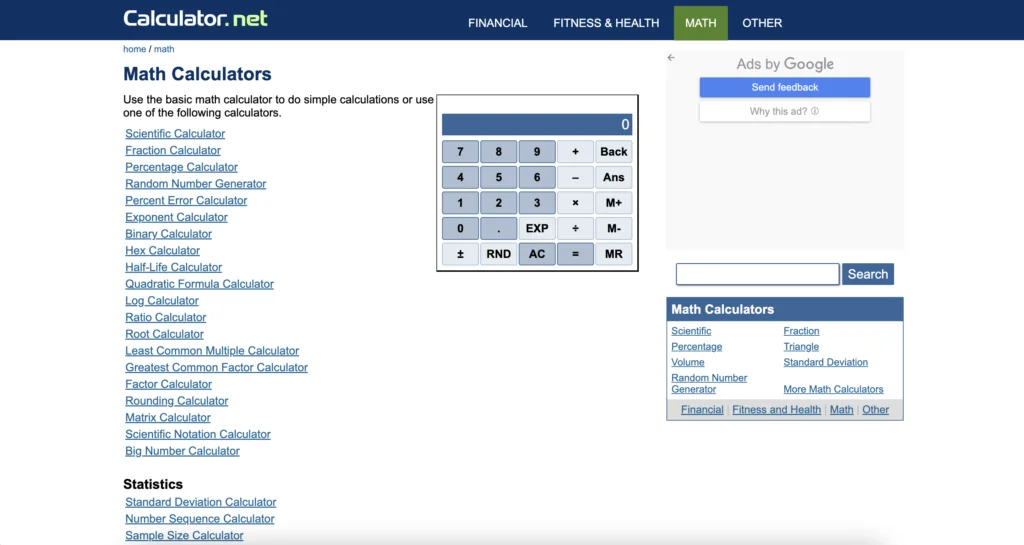 Screenshot of the homepage at Calculator.net