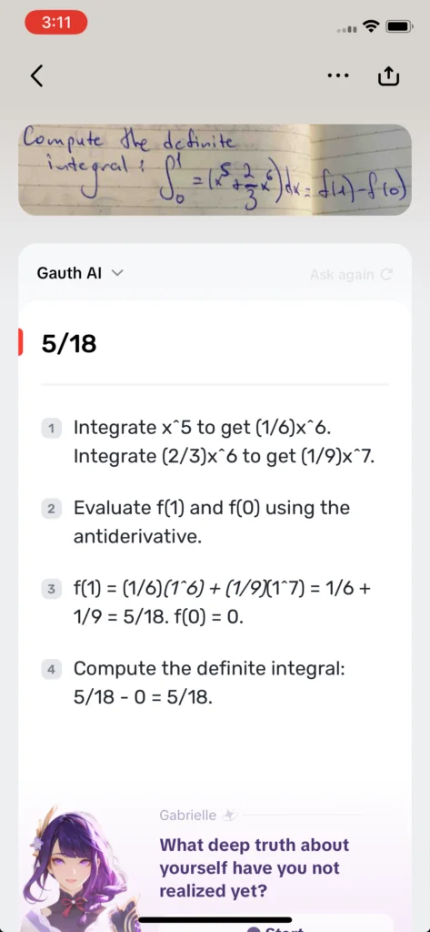 Screenshot of the integral finding at Gauthmath pt.2