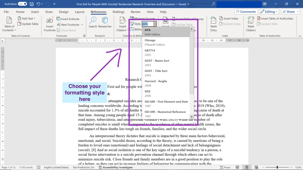A screenshot that shows how to choose formatting styles for your citations and bibliography