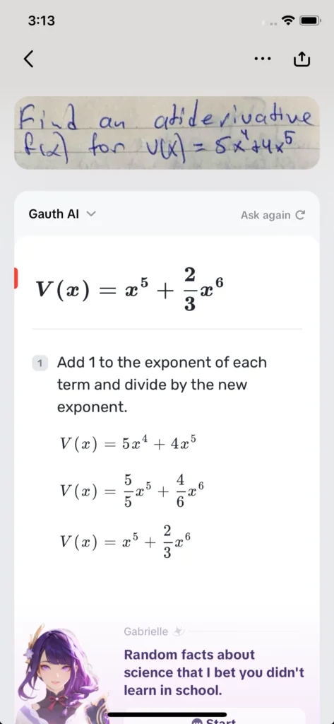 Screenshot of the integral finding at Gauthmath pt.1