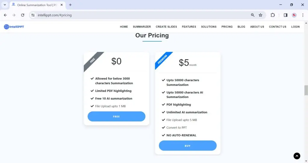 Screenshot of pricing plans at Intellippt.com