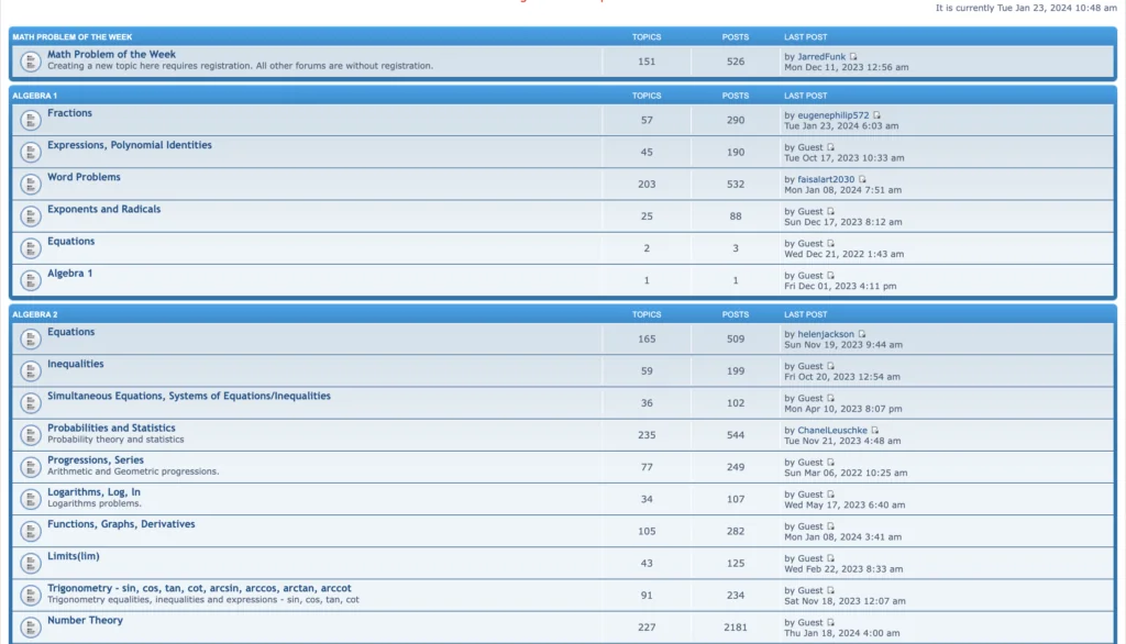 Screenshot of forums page at Math 10