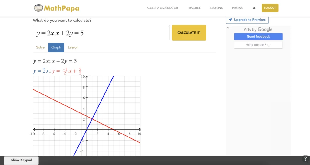 Screenshot of the task solution in "Graph" at Mathpapa.com