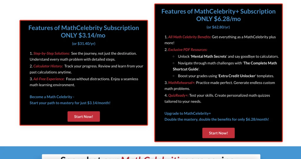 Screenshot of pricing plans at Mathcelebrity.com