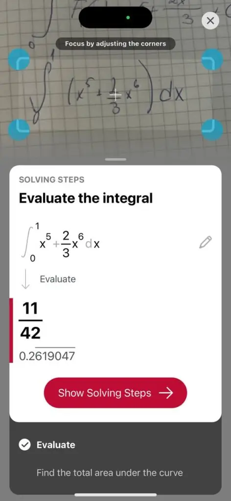 Screenshot of the integral solution process at Photomath
