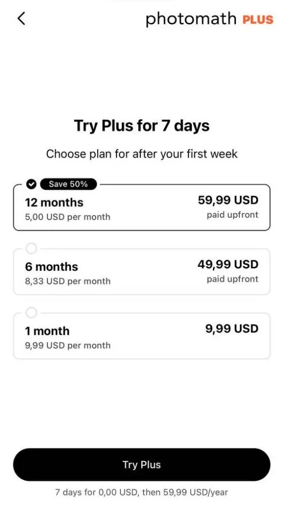Screenshot of pricing plans at Photomath.com