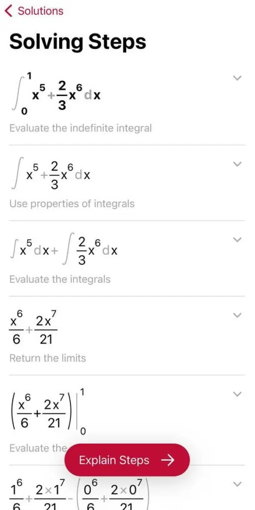 Screenshot of solving steps at Photomath