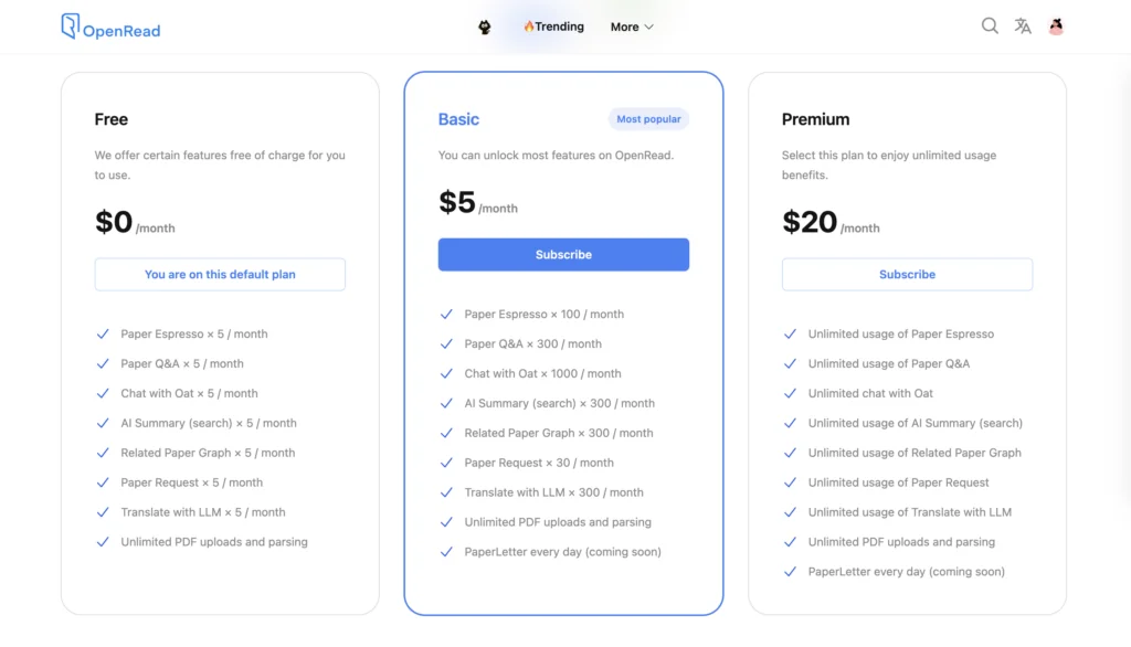 A screenshot of pricing plans at Open Read