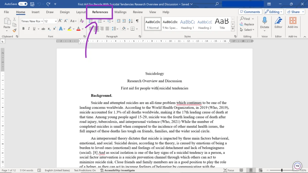 A screenshot, showing a reference button in Word