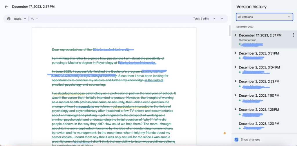A screenshot of Version history in Google Docs