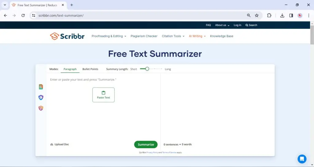 Screenshot of the main page at Scribbr Summarizer