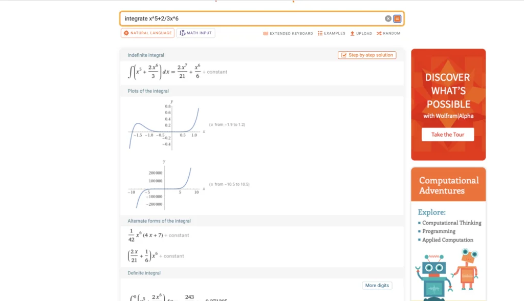 Screenshot of the integral solution at Wolframalpha.com 