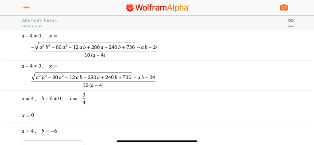 Screenshot of the equation solution at Wolframalpha 