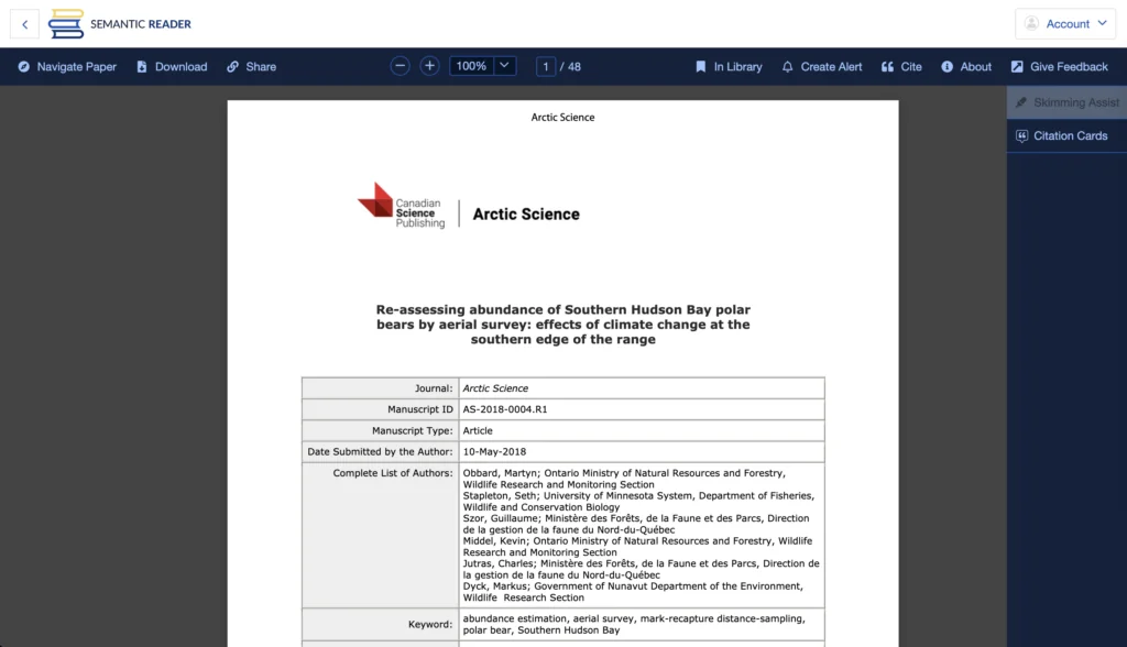 Screenshot of the PDF view of the chosen article at Semantic Scholar