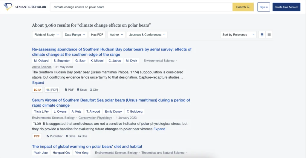 A screenshot of search results at Semantic Scholar 