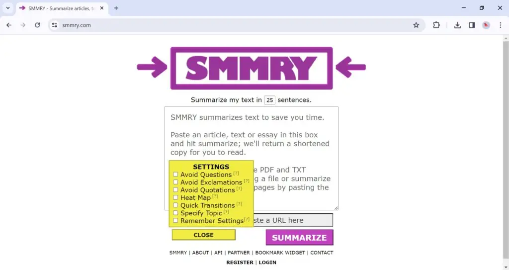 Screenshot of customization options at Smmry